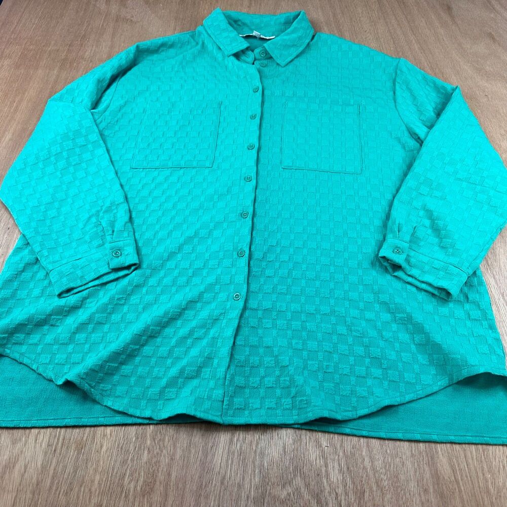 Davi & Dani Textured Button Front Blouse Womens L Green Oversized
